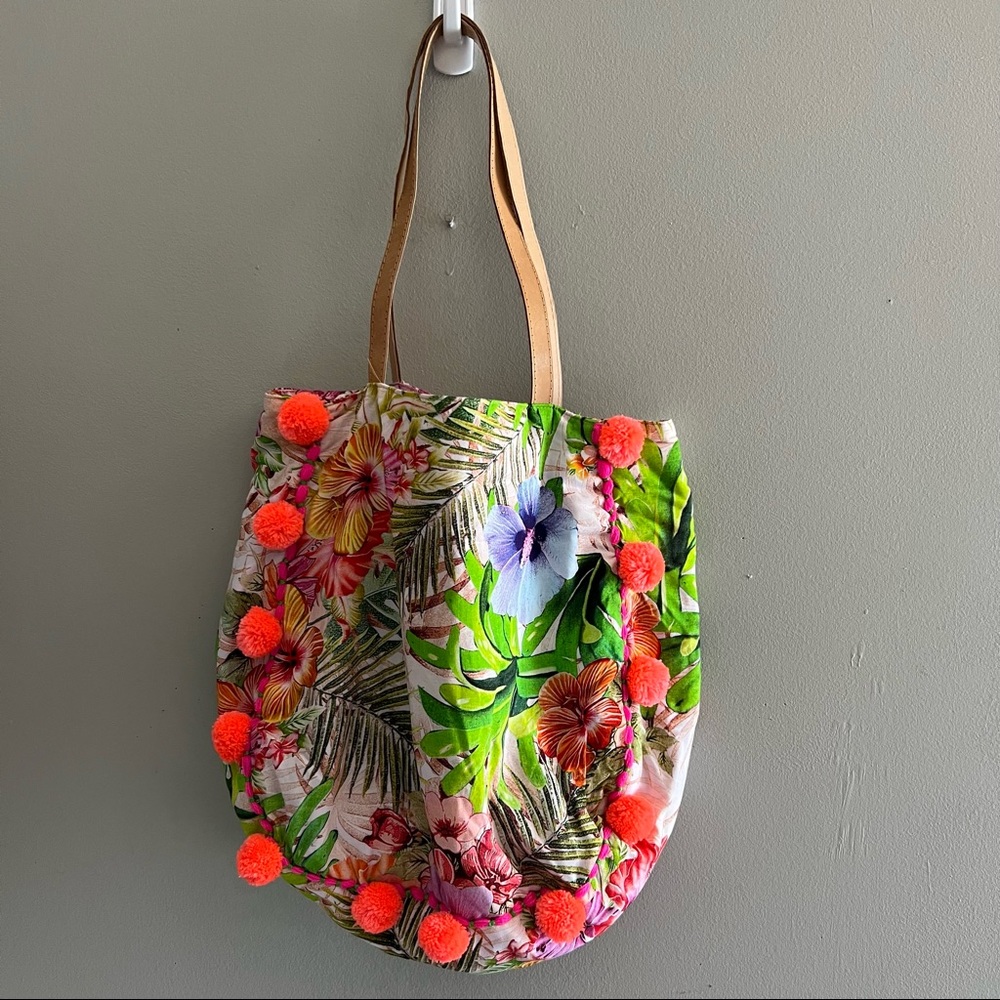 Java Spirit Pom Pom Bag Tote Beach Travel Tropical Tiki Aloha Leather Straps